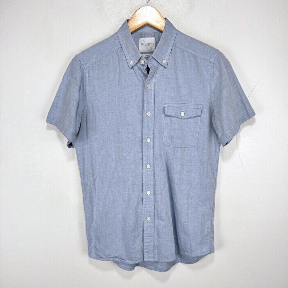 Saturdays Surf NYC Short Sleeve Button Down Shirt Men‎ Small Blue Cotton Pocket